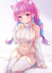 Rule 34 | 1girl, alternate costume, animal ear fluff, animal ears, bad id, bad pixiv id, bed sheet, blue hair, blush, braid, breasts, cat ears, closed mouth, commentary request, detached sleeves, hair between eyes, hand up, hat, hololive, large breasts, long hair, long sleeves, looking at viewer, low twintails, meme attire, minato aqua, multicolored hair, navel, nikoo, panties, pink hair, purple eyes, side-tie panties, sideboob, sitting, sleeves past wrists, solo, streaked hair, thighhighs, twin braids, twintails, two-tone hair, underwear, very long hair, virgin destroyer sweater, virtual youtuber, white background, white panties, white sleeves, white thighhighs