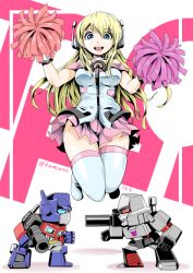 Rule 34 | 1980s (style), 1girl, 2boys, arm cannon, autobot, blonde hair, blue eyes, breasts, cannon, cheerleader, decepticon, gun, headphones, insignia, kamizono (spookyhouse), long hair, looking at viewer, machine, machinery, mecha, megatron, miniskirt, multiple boys, oldschool, open mouth, optimus prime, pantyhose, personification, pleated skirt, pom pom (cheerleading), red eyes, retro artstyle, robot, science fiction, skirt, smile, stella (transformers), teeth, transformers, transformers operation omega, twitter username, weapon