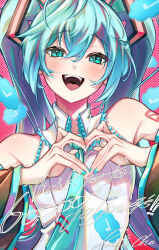 Rule 34 | 1girl, aqua eyes, aqua hair, aqua nails, aqua necktie, bare shoulders, blush, collared shirt, commentary request, crossed bangs, detached sleeves, frilled shirt, frilled shirt collar, frills, gradient background, hair between eyes, hair ornament, hands up, hatsune miku, head tilt, heart, heart hands, heart in heart hands, highres, kobacha (ochakoba), long hair, looking at viewer, milestone celebration, necktie, number tattoo, open mouth, red background, shirt, sidelocks, signature, sleeveless, sleeveless shirt, smile, solo, swept bangs, tattoo, teeth, thank you, tongue, twintails, upper body, upper teeth only, very long hair, vocaloid, white shirt, wide sleeves