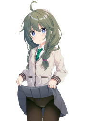 Rule 34 | 1girl, absurdres, ahoge, black pantyhose, blue eyes, blush, bow, bow panties, braid, cardigan, collared shirt, commentary request, cowboy shot, gluteal fold, green hair, green necktie, grey cardigan, grey skirt, hair between eyes, hair over shoulder, head tilt, highres, lifting own clothes, long hair, long sleeves, looking at viewer, lr (last remote 514), necktie, panties, panties under pantyhose, pantyhose, parted lips, pleated skirt, princess connect!, school uniform, shirt, simple background, skirt, sleeves past wrists, solo, standing, twin braids, underwear, white background, white panties, white shirt, yuni (princess connect!), yuni (real) (princess connect!)