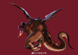 Rule 34 | 1boy, absurdres, ass, bara, breath weapon, breathing fire, bulge, dragon boy, dragon horns, dragon tail, dragon wings, fire, from behind, full body, highres, horns, male focus, muscular, muscular male, original, red background, scales, solo, tail, testicle peek, thick thighs, thighs, thong, topless male, underwear, underwear only, weibo logo, weibo watermark, wings, xiaolumiaoliya