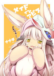 Rule 34 | animal ears, artist request, character name, copyright name, ears through headwear, furry, made in abyss, nanachi (made in abyss), rabbit, rabbit ears, smile, solo, white hair, yellow background, yellow eyes