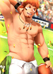 Rule 34 | 1boy, abs, american football, american football (object), american football uniform, animal ears, armpits, ball, bara, brown eyes, brown hair, bulge, confetti, cow boy, cow ears, cow horns, cowboy shot, dark skin, dark-skinned male, facial hair, feather necklace, field, fiery horns, forked eyebrows, glowing horns, goatee, groin, holding, holding ball, horns, jiong (7285153), large pectorals, looking to the side, male focus, male pubic hair, muscular, muscular male, navel, nipples, pectorals, pubic hair, topless male, short hair, shorts, smile, solo, spiked hair, sportswear, stomach, thick eyebrows, tokyo houkago summoners, wakan tanka, white shorts