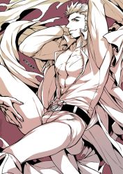 Rule 34 | abs, beard, belt, cape, clothes lift, command spell, dynamic pose, epaulettes, facial hair, fate/grand order, fate (series), highres, jacket, jacket lift, long sideburns, looking at viewer, male focus, muscular, napoleon bonaparte (fate), open clothes, open shirt, pants, pectoral cleavage, pectorals, scar, sideburns, smile, solo focus, takatsuki ichi, uniform