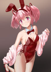 Rule 34 | 1girl, animal ears, bow, bowtie, breasts, cardigan, cowboy shot, detached collar, fishnet pantyhose, fishnets, gradient background, grey background, highres, kakukau, kaname madoka, leotard, looking at viewer, mahou shoujo madoka magica, mahou shoujo madoka magica (anime), pantyhose, pink cardigan, pink eyes, pink hair, playboy bunny, rabbit ears, red leotard, short hair, short twintails, small breasts, solo, standing, standing on one leg, strapless, strapless leotard, twintails