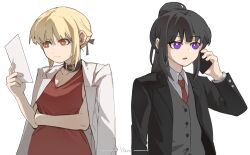 Rule 34 | 2girls, absurdres, artist name, black hair, black jacket, blonde hair, bright pupils, chinese commentary, closed mouth, collar, collared shirt, commentary request, dress, grey vest, hair up, highres, holding, holding paper, holding phone, inoue takina, jacket, jacket on shoulders, long hair, long sleeves, lycoris recoil, multiple girls, necktie, nishikigi chisato, paper, parted lips, phone, ponytail, purple eyes, reading, red dress, red eyes, red necktie, shirt, simple background, sleeveless, sleeveless dress, suit jacket, sunglasses, talking on phone, upper body, vest, waistcoat, white background, white jacket, white pupils, white shirt, yanlingjinshilihuahua
