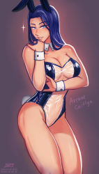 Rule 34 | 1girl, alternate costume, animal ears, arcane: league of legends, artist name, bare arms, bare legs, bare shoulders, blue eyes, blue hair, blush, breasts, caitlyn (league of legends), character name, cleavage, commentary, detached collar, english commentary, eyebrows hidden by hair, grin, half-closed eyes, highres, iahfy, league of legends, leotard, light blush, lips, long hair, looking at viewer, medium breasts, meme attire, neck, parted lips, playboy bunny, rabbit ears, rabbit girl, rabbit tail, see-through, see-through leotard, simple background, smile, solo, sparkle, standing, straight hair, strapless, strapless leotard, tail, thick thighs, thighs, translucent bunnysuit, wrist cuffs