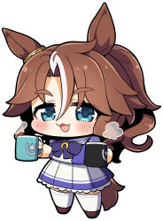 Rule 34 | 1girl, :3, :d, animal ears, blue eyes, blush, brown footwear, brown hair, commentary request, cup, full body, hair between eyes, highres, holding, holding cup, horse ears, horse girl, horse tail, long hair, looking at viewer, mejiro palmer (umamusume), mug, multicolored hair, open mouth, parted bangs, pleated skirt, plover, puffy short sleeves, puffy sleeves, purple shirt, shirt, shoes, short sleeves, simple background, skirt, smile, solo, standing, star (symbol), streaked hair, tail, thick eyebrows, thighhighs, umamusume, very long hair, white background, white hair, white skirt, white thighhighs