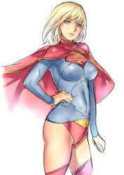 Rule 34 | 1girl, alien, animification, bad id, bad pixiv id, blonde hair, blue eyes, breasts, cape, clenched hand, covered navel, cowboy shot, dc comics, dodai shouji, from side, groin, hand on own hip, kryptonian, leotard, light smile, long sleeves, looking at viewer, red cape, red thighhighs, short hair, simple background, sketch, smile, solo, standing, supergirl, superhero costume, superman (series), thighhighs