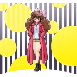 Rule 34 | 1girl, brown hair, coat, ranma 1/2, ribbon, shiratori azusa, shorts, smile, solo, wanta (futoshi)