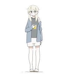 Rule 34 | 1girl, bad id, bad tumblr id, black eyes, black shirt, blue shirt, cup, drink, east sha2, full body, glasses, highres, holding, holding cup, long hair, long sleeves, looking at viewer, off-shoulder shirt, off shoulder, original, shirt, shorts, simple background, solo, standing, transparent background, twintails, white background, white shorts