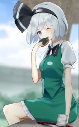 Rule 34 | 1girl, 258n, absurdres, black bow, black bowtie, black hairband, blue eyes, blue sky, blush, bow, bowtie, breasts, bush, buttons, closed mouth, cloud, cloudy sky, collar, collared shirt, cookie, cup, dress, drink, eating, floor, food, grass, green dress, grey hair, hairband, hand up, highres, konpaku youmu, medium breasts, mountain, one eye closed, plate, puffy short sleeves, puffy sleeves, shadow, shirt, short hair, short sleeves, sitting, sky, smile, solo, touhou, white shirt