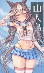 Rule 34 | 1girl, alternate costume, animal ears, armpits, breasts, brown eyes, brown hair, commentary request, cosplay, detached sleeves, elbow gloves, gloves, hair ornament, highres, horse ears, kantai collection, low twintails, medium breasts, mimimimimi, navel, salute, shimakaze (kancolle), shimakaze (kancolle) (cosplay), sky, smile, solo, thighhighs, twintails, umamusume, white gloves, yamanin zephyr (umamusume)