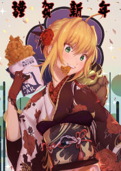 Rule 34 | 10s, 1girl, ahoge, blonde hair, blush, fate/extra, fate (series), floral print, flower, food, gloves, green eyes, hair ornament, hakui (b600723), highres, holding, holding food, japanese clothes, kimono, lace, lace-trimmed gloves, lace trim, looking away, looking to the side, mouth hold, nero claudius (fate), nero claudius (fate) (all), nero claudius (fate/extra), obi, red gloves, rose, sash, short hair, smile, solo, sparkle, teeth