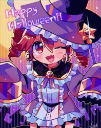 Rule 34 | 1990s (style), 1girl, alternate costume, artist name, blush, center frills, collared dress, dress, drill hair, earrings, english text, fang, frilled dress, frilled hat, frilled sleeves, frills, hair between eyes, happy halloween, hat, jewelry, kasane teto, long sleeves, looking at viewer, one eye closed, open mouth, orange ribbon, purple dress, purple ribbon, red eyes, red hair, retro artstyle, ribbon, short dress, short hair, skin fang, sleeves past fingers, sleeves past wrists, smile, solo, star (symbol), striped background, striped ribbon, twin drills, utau, v-shaped eyebrows, witch hat, yuusuke-kun