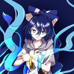 Rule 34 | 1girl, aura, bangle, blue background, blue bow, blue eyes, blue hair, bow, bracelet, collarbone, commentary request, debt, drawstring, grey hoodie, hair between eyes, hair bow, holding, holding stuffed toy, hood, hoodie, jewelry, jitome, kameyan, long hair, looking at viewer, short sleeves, simple background, solo, stuffed animal, stuffed cat, stuffed toy, touhou, upper body, v-shaped eyebrows, very long hair, yorigami shion