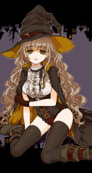 Rule 34 | 1girl, black thighhighs, boots, buckle, cape, corset, curly hair, frills, gloves, halloween, hat, highres, kneeling, light brown hair, long hair, massuru, original, ribbon, solo, thighhighs, very long hair, witch, witch hat, yellow eyes