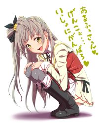 Rule 34 | 10s, 1girl, blush, boots, brown hair, clearite, dress, hair ornament, long hair, looking at viewer, love live!, love live! school idol project, minami kotori, open mouth, side ponytail, smile, solo, squatting, thighhighs, translation request, yellow eyes