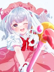 Rule 34 | 1girl, bow, bowtie, cardcaptor sakura, cosplay, dress, glove bow, gloves, grey hair, highres, iroha wds, kinomoto sakura, kinomoto sakura (cosplay), long hair, one eye closed, open mouth, pink dress, pink headwear, puffy short sleeves, puffy sleeves, red bow, red bowtie, senju iroha, short sleeves, smile, solo, staff, twintails, white gloves, world dai star