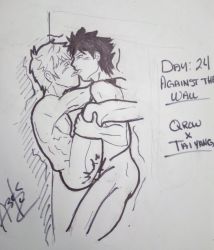 Rule 34 | 2boys, against wall, highres, kiss, multiple boys, muscular, muscular male, qrow branwen, rwby, sketch, spiked hair, taiyang xiao long, yaoi