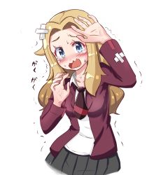 Rule 34 | 1girl, absurdres, bandages, bandaid, bandaid on clothes, bandaid on face, blonde hair, blue eyes, blush, breasts, commentary request, covering face, cowboy shot, creatures (company), crying, d;, game freak, highres, jacket, lass (pokemon), long hair, long sleeves, miniskirt, necktie, nintendo, one eye closed, open mouth, pae (ac40935 m41), pleated skirt, pokemon, pokemon swsh, scared, school uniform, sharp teeth, shirt, simple background, skirt, small breasts, solo, speech bubble, standing, sweat, teardrop, tears, teeth, tongue, translation request, trembling, white shirt