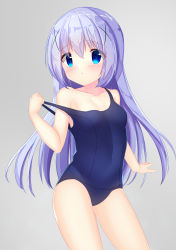 Rule 34 | 1girl, absurdres, blue eyes, blue one-piece swimsuit, blush, breasts, cleavage, collarbone, covered navel, cowboy shot, floating hair, gochuumon wa usagi desu ka?, grey background, hair between eyes, highres, kafuu chino, long hair, looking at viewer, off shoulder, one-piece swimsuit, parted lips, pizzzica, school swimsuit, silver hair, simple background, small breasts, solo, swimsuit, very long hair