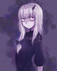 Rule 34 | 1girl, bags under eyes, black bow, black dress, bow, closed mouth, dress, fate/grand order, fate (series), grey background, hair bow, horns, kukoro (caramel56), lavinia whateley (fate), long hair, long sleeves, looking away, looking up, pale skin, purple eyes, silver hair, single horn, solo, upper body, wide-eyed