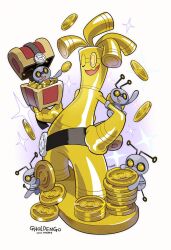 Rule 34 | antennae, belt, coin, colored skin, creatures (company), evolutionary line, game freak, gholdengo, gimmighoul, gold coin, gold skin, grey skin, highres, nelnal, nintendo, pokemon, pokemon (creature), smile, sparkle, standing, surfboard, treasure chest