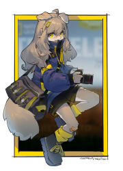 Rule 34 | 1girl, animal ears, ankle boots, bag, bandaid, bandaid on knee, bandaid on leg, black footwear, black shorts, blue footwear, blue jacket, body fur, boots, border, camera, collared jacket, commentary, dated, dog ears, dog girl, dog tail, from side, full body, furry, furry female, grey fur, hair ornament, hairclip, high collar, highres, holding, holding camera, jacket, light brown hair, long hair, long sleeves, looking at viewer, open mouth, original, outside border, shiiorina, shorts, signature, smile, solo, symbol-only commentary, tail, wavy hair, white border, yellow eyes