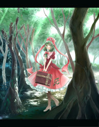 Rule 34 | 1girl, boots, bow, dress, female focus, forest, frills, front ponytail, green eyes, green hair, hair bow, highres, kagiyama hina, large bow, letterboxed, light rays, long hair, matching hair/eyes, miyakure, nature, outdoors, plant, ribbon, smile, solo, suitcase, sunbeam, sunlight, touhou, tree