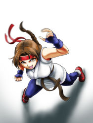 Rule 34 | 1girl, blue socks, braid, breasts, brown eyes, brown hair, clenched hand, dougi, fighting stance, fingerless gloves, from above, full body, gloves, headband, large breasts, long hair, motion blur, ryuuko no ken, shoes, simple background, single braid, sneakers, socks, solo, spandex, the king of fighters, yagisawa keiichi, yuri sakazaki