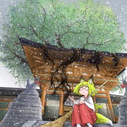 Rule 34 | 1girl, :o, absurdres, animal ears, blonde hair, broom, doitsuken, fox ears, fox girl, fox statue, fox tail, glasses, highres, holding, holding broom, japanese clothes, long hair, looking up, miko, open hand, original, plant roots, scenery, shrine, sitting, sitting on stairs, snowing, solo, stairs, statue, tail, temple, tree, yellow eyes