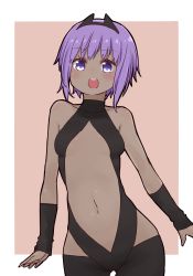 Rule 34 | 1girl, :d, black leotard, black sleeves, blush, breasts, brown background, center opening, collarbone, covered collarbone, dark-skinned female, dark skin, detached sleeves, fate/prototype, fate/prototype: fragments of blue and silver, fate (series), hassan of serenity (fate), i.u.y, leotard, long sleeves, navel, open mouth, purple eyes, purple hair, round teeth, short hair, sleeves past wrists, small breasts, smile, solo, teeth, two-tone background, upper teeth only, white background