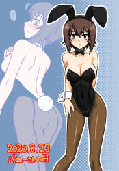 Rule 34 | 1girl, animal ears, ass, back-seamed legwear, black leotard, black neckwear, bow, bowtie, breasts, brown eyes, brown hair, brown pantyhose, cleavage, commentary request, dated, detached collar, fake animal ears, feet out of frame, girls und panzer, large breasts, leotard, looking at viewer, multiple views, nishizumi maho, oosaka kanagawa, pantyhose, playboy bunny, rabbit ears, rabbit girl, rabbit tail, seamed legwear, short hair, standing, strapless, strapless leotard, tail, wrist cuffs, zoom layer