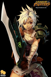 Rule 34 | 1girl, 2gold, bandages, belt, black background, brown eyes, fighting stance, folded ponytail, holding, holding weapon, league of legends, riven (league of legends), solo, sword, weapon, white hair