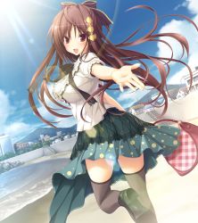 Rule 34 | 1girl, bag, beach, black thighhighs, blush, bow, breasts, brown eyes, brown hair, chrono clock, female focus, game cg, hair bow, handbag, highres, jounouchi makoto, koku, large breasts, long hair, looking back, open mouth, outstretched arm, purple software, running, solo, thighhighs, water