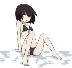 Rule 34 | 1girl, arm support, bad id, bad pixiv id, bare shoulders, barefoot, bikini, black bikini, black hair, bob cut, breasts, commentary, empty eyes, front-tie bikini top, front-tie top, hair over eyes, highres, kaze (wil404), knees up, looking ahead, midriff, monogatari (series), navel, no gloves, oshino ougi, parted lips, short hair, simple background, on floor, small breasts, solo, string bikini, swimsuit, white background