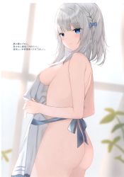 Rule 34 | 1girl, absurdres, apron, ass, bare arms, bare shoulders, blue bow, blurry, blurry background, blush, bow, braid, breasts, closed mouth, covered erect nipples, day, hair bow, highres, indoors, looking at viewer, looking back, mafuyu (chibi21), medium breasts, medium hair, naked apron, original, scan, shiny skin, smile, solo, thighs, window