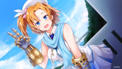 Rule 34 | 1girl, beret, blue eyes, blue scarf, blue sky, blush, bow, breasts, crossover, dutch angle, earrings, gauntlets, hair bow, hair flip, hat, highres, jewelry, kosaka honoka, league of legends, looking at viewer, love live!, love live! school idol project, medium breasts, one side up, open mouth, orange hair, pink bow, rizihike, scarf, school uniform, skirt, sky, sleeveless, smile, solo, v, vi (league of legends), white skirt