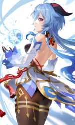 Rule 34 | 1girl, ahoge, ass, back, backless outfit, bare shoulders, black gloves, blue hair, breasts, brown pantyhose, chinese knot, commentary, cowboy shot, detached sleeves, flower knot, from behind, ganyu (genshin impact), genshin impact, gloves, gold trim, highres, horns, long hair, looking at viewer, looking back, low ponytail, magic, medium breasts, nima (niru54), orb, pantyhose, purple eyes, qilin (mythology), sidelocks, solo, standing, tassel, thighlet, thighs, vision (genshin impact), waist cape, white sleeves, wind
