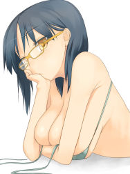 Rule 34 | 1girl, bad id, bad pixiv id, bare shoulders, bikini, bikini top only, blue hair, breasts, brown eyes, cleavage, glasses, hanging breasts, head rest, head tilt, highres, huge breasts, large breasts, looking at viewer, lying, on stomach, pen (pen3), short hair, sideboob, simple background, solo, swimsuit, white background, yellow-framed eyewear