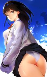 Rule 34 | 10s, 1girl, ass, black hair, black skirt, blue sky, blush, bow, bowtie, breasts, cardigan, day, grey eyes, gridman universe, hand in pocket, highres, hip focus, hitaki yuu, long hair, long sleeves, looking at viewer, looking back, medium breasts, miniskirt, open cardigan, open clothes, open mouth, panties, pleated skirt, red bow, school uniform, shirt, skirt, sky, solo, ssss.gridman, sweater, takarada rikka, underwear, wedgie, white shirt, white sweater