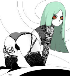 1girl all_fours ass black_bra black_panties blunt_ends bra cameltoe colored_sclera cyberpunk_(series) cyberpunk_2077 cyberpunk_edgerunners from_behind frown garter_straps glaring green_eyes highres long_hair looking_at_viewer looking_back ltstry on_bed ornate_clothes panties rebecca_(cyberpunk) red_pupils red_sclera signature spot_color straight_hair underwear