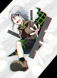 Rule 34 | androgynous, boots, bow, brown coat, coat, danmaku, gender request, houlen yabusame, knife, len&#039;en, open mouth, outstretched arm, short hair, short hair with long locks, shorts, grey eyes, silver hair, smile, solo, yamanoskk