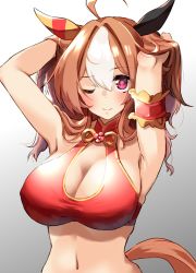 Rule 34 | 1girl, ;), ahoge, animal ears, armpits, arms up, bare shoulders, bikini, breasts, brown hair, cleavage, commentary request, copano rickey (umamusume), gradient background, grey background, hands in hair, horse ears, komb, large breasts, long hair, looking at viewer, navel, one eye closed, purple eyes, red bikini, smile, solo, stomach, swimsuit, tail, umamusume, upper body, white background