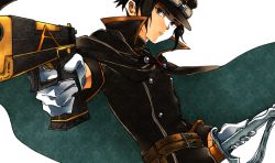 Rule 34 | 1boy, alec (arc the lad), arc s0222, arc the lad, arc the lad iii, black hair, brown eyes, cape, closed mouth, commentary request, gloves, goggles, goggles on headwear, gun, hat, male focus, simple background, solo, sword, uniform, upper body, weapon