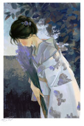 Rule 34 | 1girl, black hair, blue sky, border, bouquet, chinese commentary, closed eyes, closed mouth, commentary request, cowboy shot, dated, day, expressionless, floral print, flower, hair bun, hair flower, hair ornament, highres, holding, holding bouquet, japanese clothes, kimono, lavender (flower), long sleeves, obi, one-hour drawing challenge, original, outdoors, purple flower, sanshui guantang, sash, short hair, signature, single hair bun, sky, solo, tree, white border, white kimono, white sash, wide sleeves, yukata
