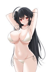 Rule 34 | 1girl, :o, absurdres, ahoge, armpits, arms up, azur lane, bikini, black hair, breasts, catnnn, collarbone, highres, large breasts, long hair, looking at viewer, navel, one side up, parted lips, red eyes, side-tie bikini bottom, simple background, solo, stomach, strap gap, swimsuit, taihou (azur lane), taihou (seaside daydreams) (azur lane), very long hair, white background, white bikini