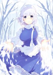 Rule 34 | 1girl, absurdres, apron, bare tree, blue skirt, blue vest, breasts, curvy, hat, highres, ice, lapel pin, large breasts, letty whiterock, light purple hair, long sleeves, medium hair, outstretched arms, puffy short sleeves, puffy sleeves, purple eyes, scarf, shirt, short sleeves, skirt, skirt set, smile, snow, solo, touhou, tree, vest, waist apron, wavy hair, weeniedesu, white apron, white hair, white hat, white scarf, white shirt