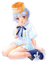 Rule 34 | 1girl, ankle boots, bisuke-tan, blue footwear, blue ribbon, blue shirt, boots, food, food on head, full body, honey, kfc, licking, looking at viewer, no pants, object on head, pancake, ribbon, shirt, shoelaces, short sleeves, silver hair, simple background, solo, white background